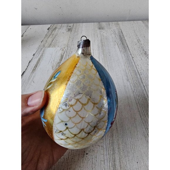 Antique flower striped teardrop glass Mercury ornament Xmas tree yellow blue she - Picture 8 of 10